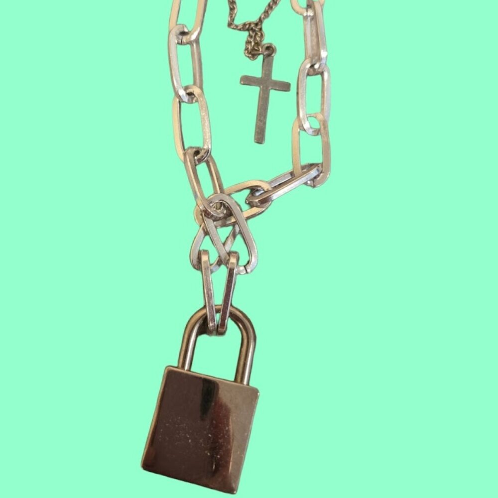 Silver Lock and Cross Necklace~ silver plated  18-19 inches